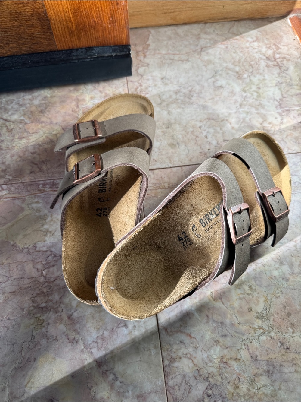 NEW Birkenstock Men's Double-Strap Sandals in Taupe with Rose Gold Buckles